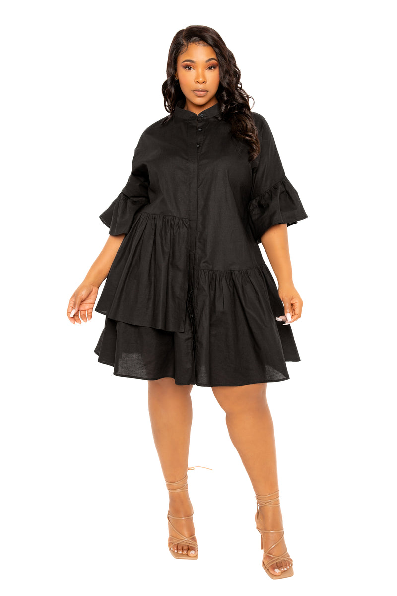 Buxom Couture Curvy Women Plus Size Linen Flutter Mini Dress Black