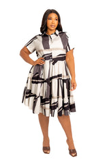 Buxom Couture Curvy Women Plus Size Print Tiered Mini Shirt Dress Beige Multi