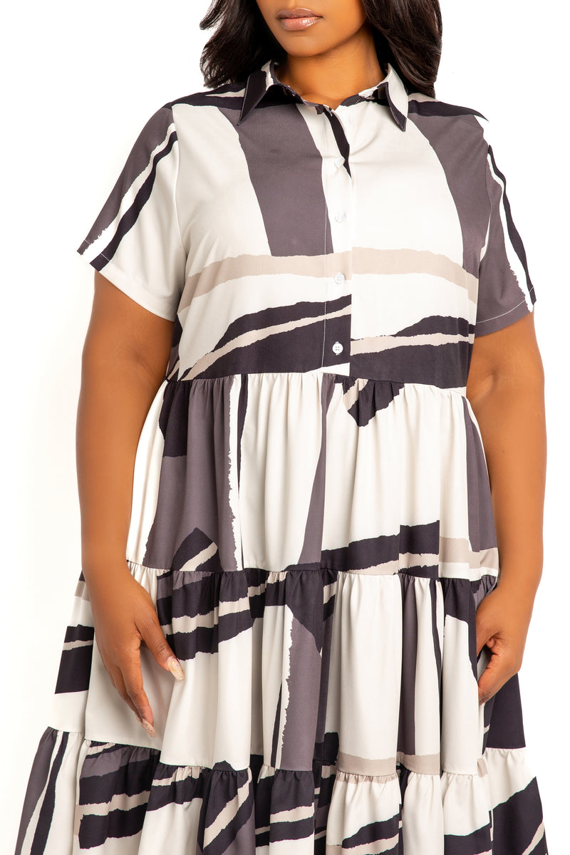 Buxom Couture Curvy Women Plus Size Print Tiered Mini Shirt Dress Beige Multi