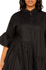 Buxom Couture Curvy Women Plus Size Linen Flutter Mini Dress Black