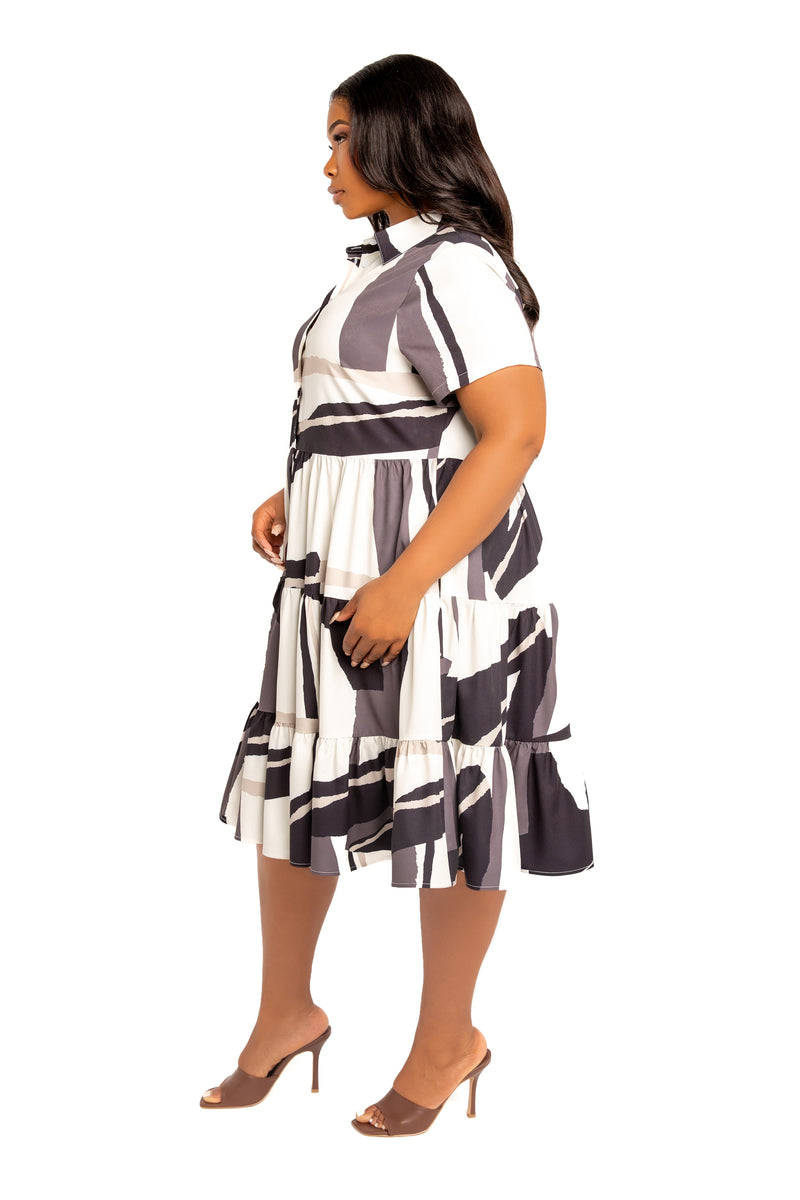 Buxom Couture Curvy Women Plus Size Print Tiered Mini Shirt Dress Beige Multi