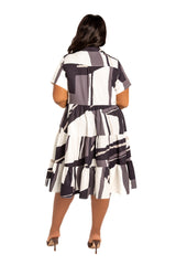 Buxom Couture Curvy Women Plus Size Print Tiered Mini Shirt Dress Beige Multi