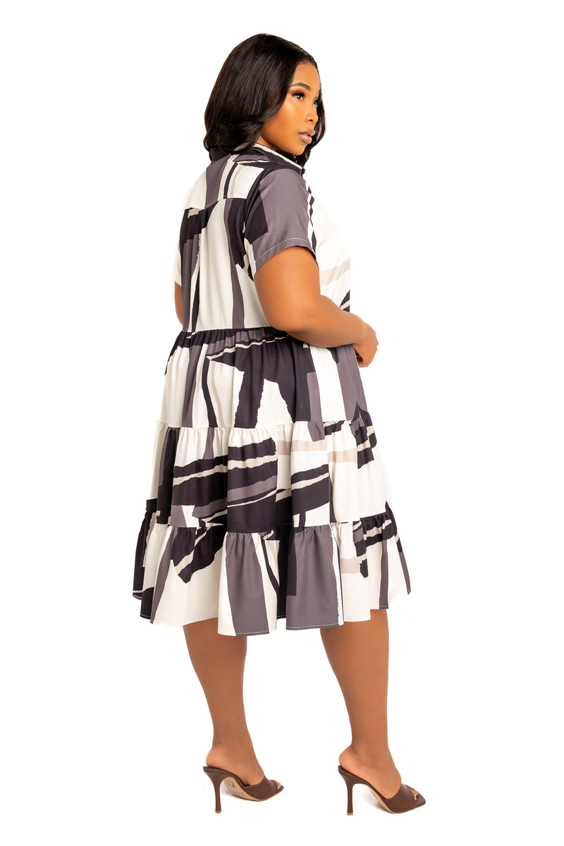 Buxom Couture Curvy Women Plus Size Print Tiered Mini Shirt Dress Beige Multi