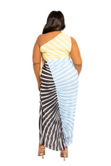 Buxom Couture Curvy Women Plus Size Multi Stripe One Shoulder Dress with Cutout Waist Detail