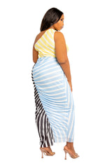 Buxom Couture Curvy Women Plus Size Multi Stripe One Shoulder Dress with Cutout Waist Detail