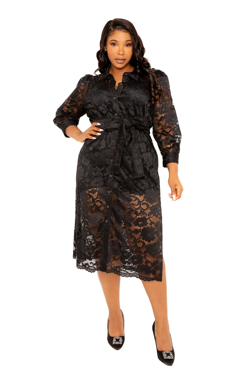 Buxom Couture Curvy Women Plus Size Lace Shirt Dress with Waist Tie Black