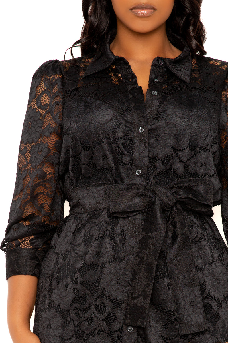 Buxom Couture Curvy Women Plus Size Lace Shirt Dress with Waist Tie Black