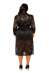 Buxom Couture Curvy Women Plus Size Lace Shirt Dress with Waist Tie Black
