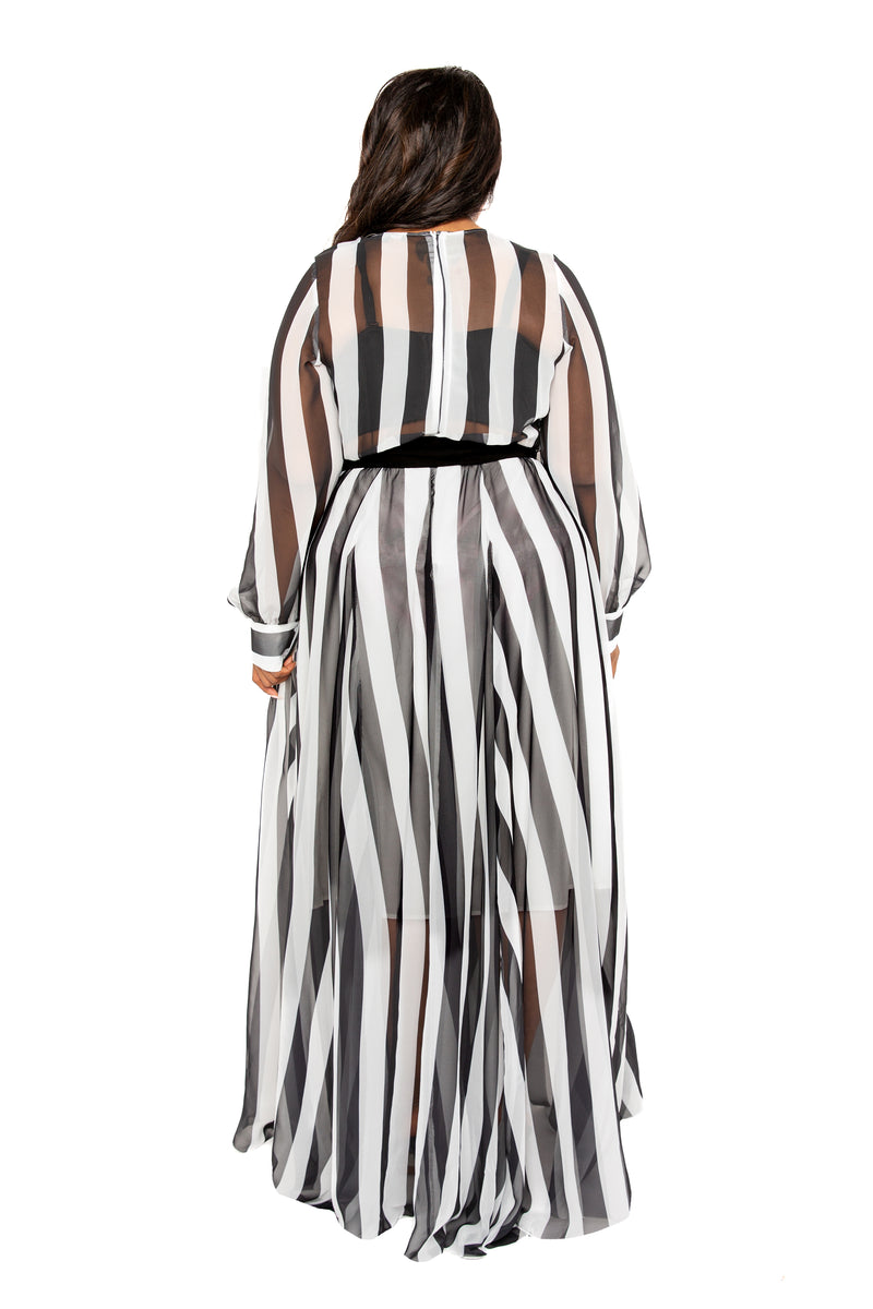 Buxom Couture Curvy Women Plus Size Stripe Surplice Maxi Dress Black and White