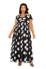 Buxom Couture Curvy Women Plus Size Polka Dot Halter Off Shoulder Maxi Dress Black and White Dot
