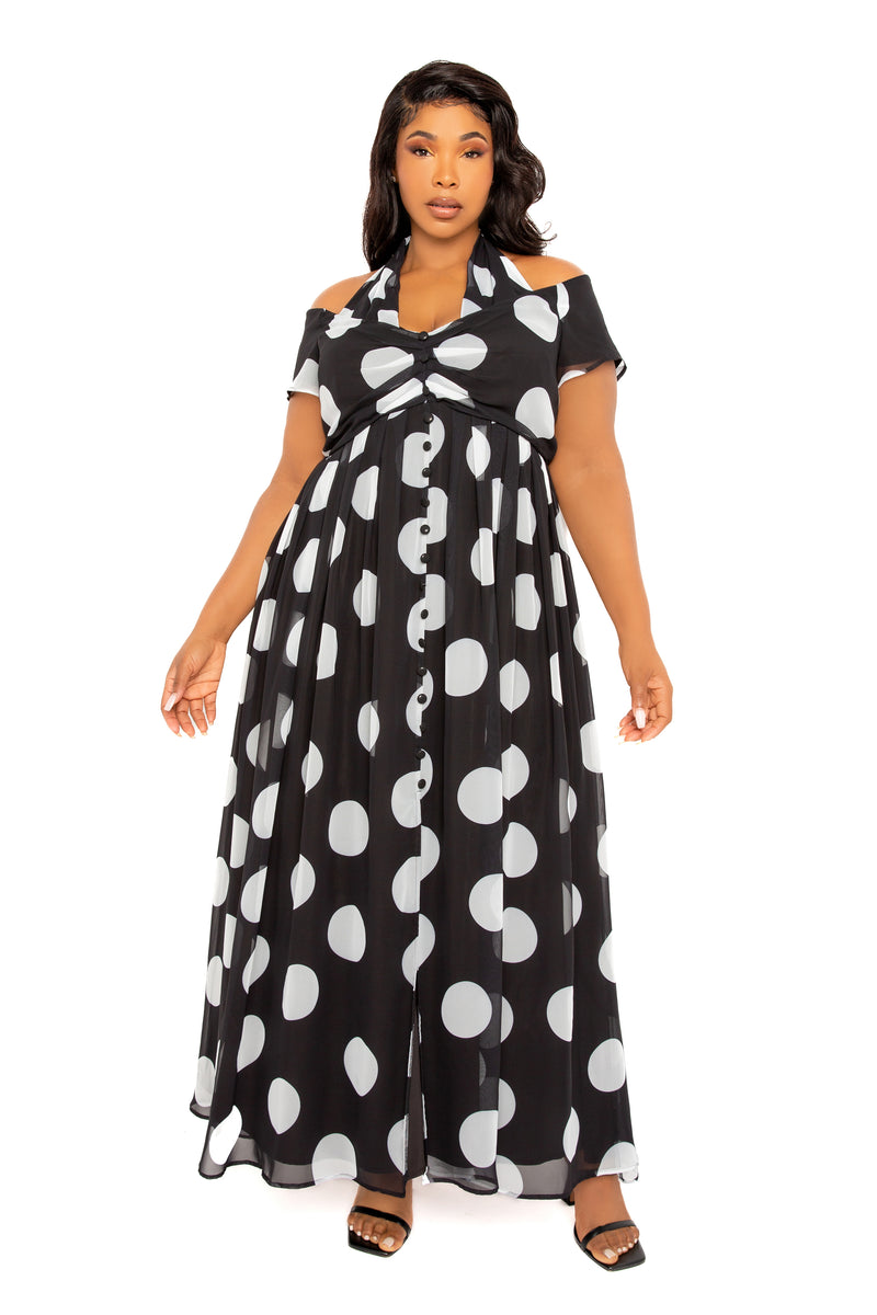 Buxom Couture Curvy Women Plus Size Polka Dot Halter Off Shoulder Maxi Dress Black and White Dot