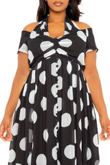 Buxom Couture Curvy Women Plus Size Polka Dot Halter Off Shoulder Maxi Dress Black and White Dot