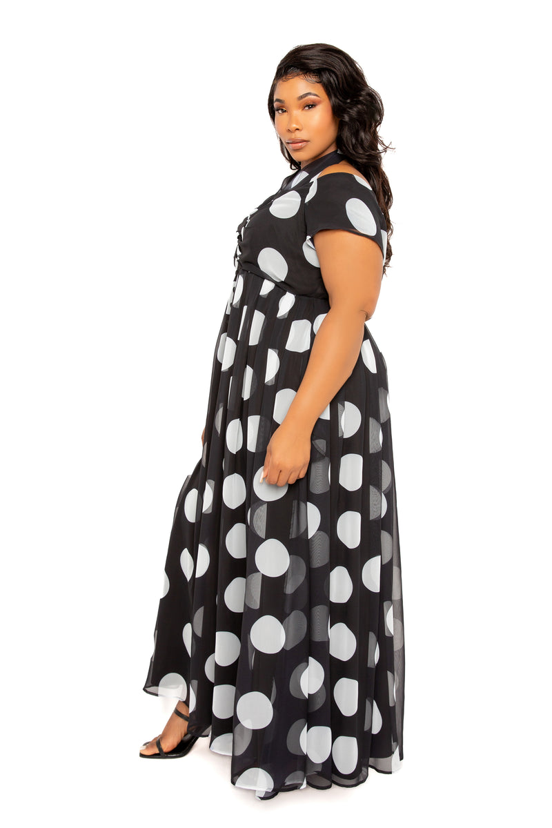 Buxom Couture Curvy Women Plus Size Polka Dot Halter Off Shoulder Maxi Dress Black and White Dot