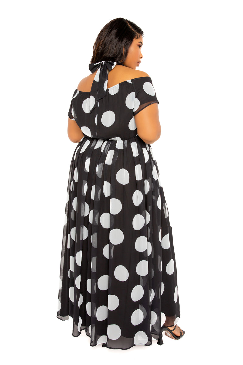 Polka Dot Halter Off Shoulder Maxi Dress Buxom Couture Polka Dot Halter Off Shoulder Maxi Dress Buxom Couture
