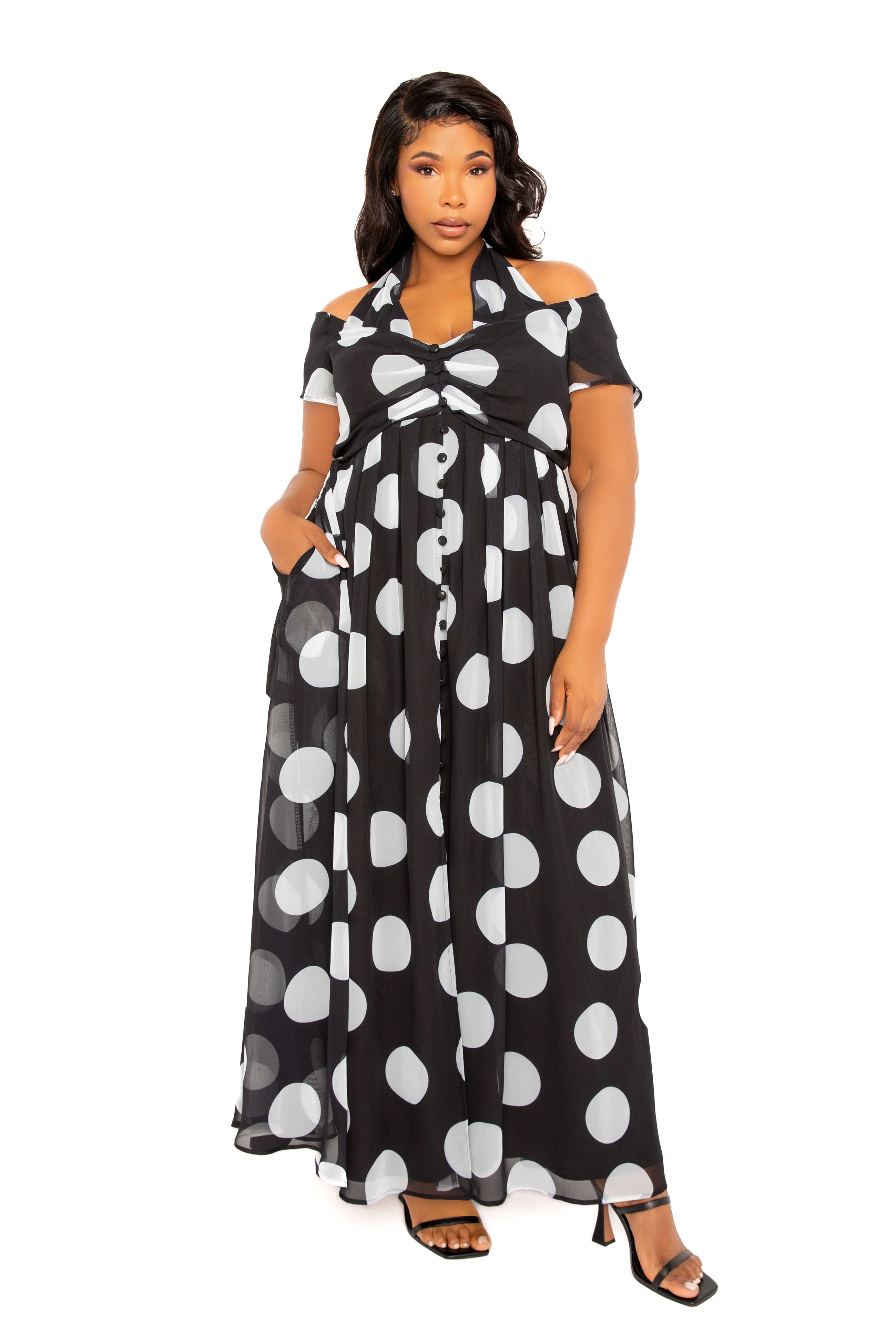Buxom Couture Polka Dot Off-The-Shoulder Halter Maxi Dress