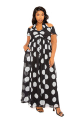 Buxom Couture Curvy Women Plus Size Polka Dot Halter Off Shoulder Maxi Dress Black and White Dot