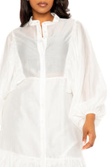 Buxom Couture Curvy Women Plus Size Skilky Voluminous Shirt Dress White