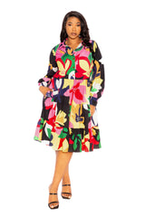 Buxom Couture Curvy Women Plus Size Floral Long Sleeve Tiered Shirt Dress Black