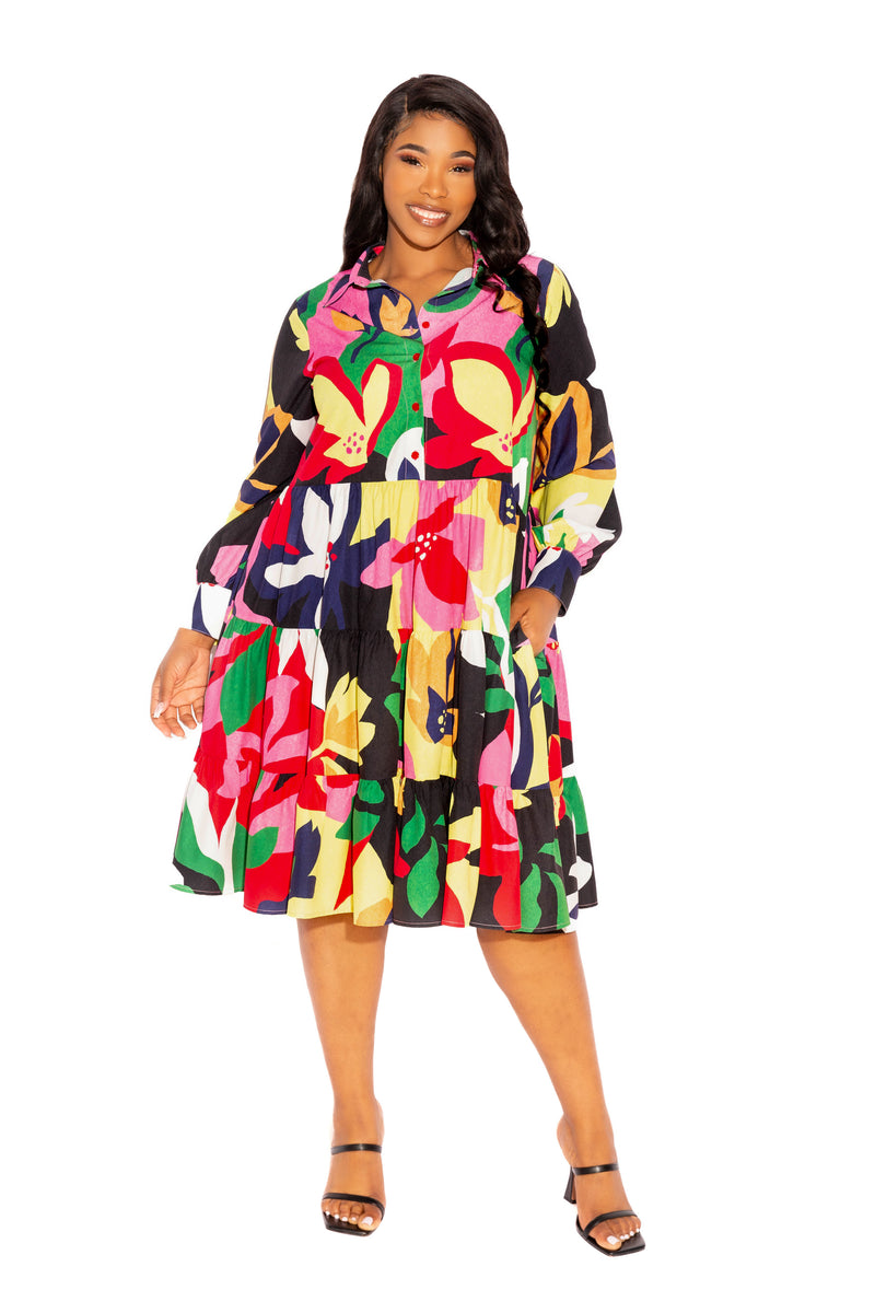 Buxom Couture Curvy Women Plus Size Floral Long Sleeve Tiered Shirt Dress Black