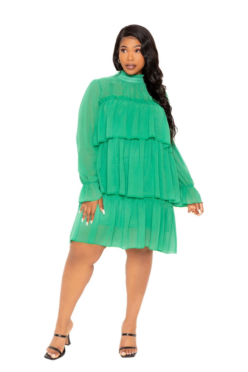 Buxom Couture Curvy Women Plus Size Tiered Mini Dress Green