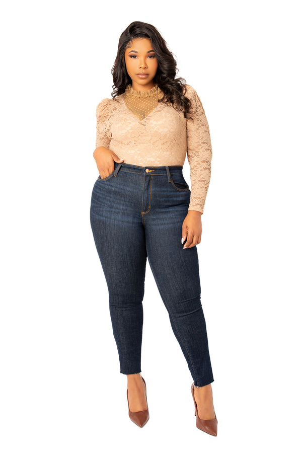 Buxom Couture Curvy Women Plus Size Long Sleeve Lace Bodysuit Khaki Nude Beige