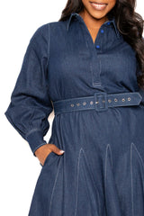 Buxom Couture Curvy Women Plus Size Belt Denim Shirt Dress with Contrast Stitching Dark Denim