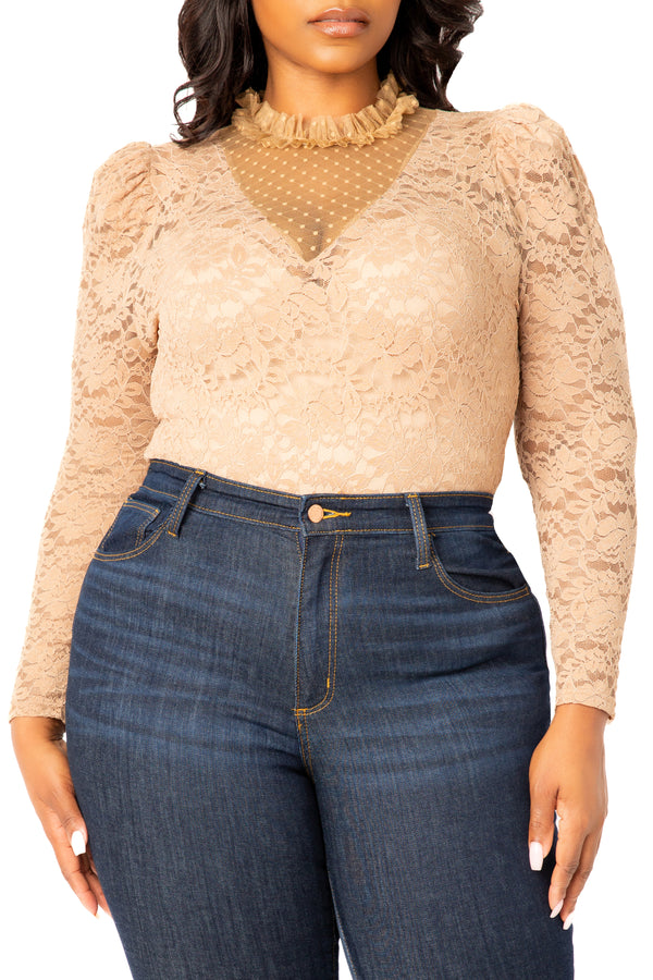 Buxom Couture Curvy Women Plus Size Long Sleeve Lace Bodysuit Khaki Nude Beige