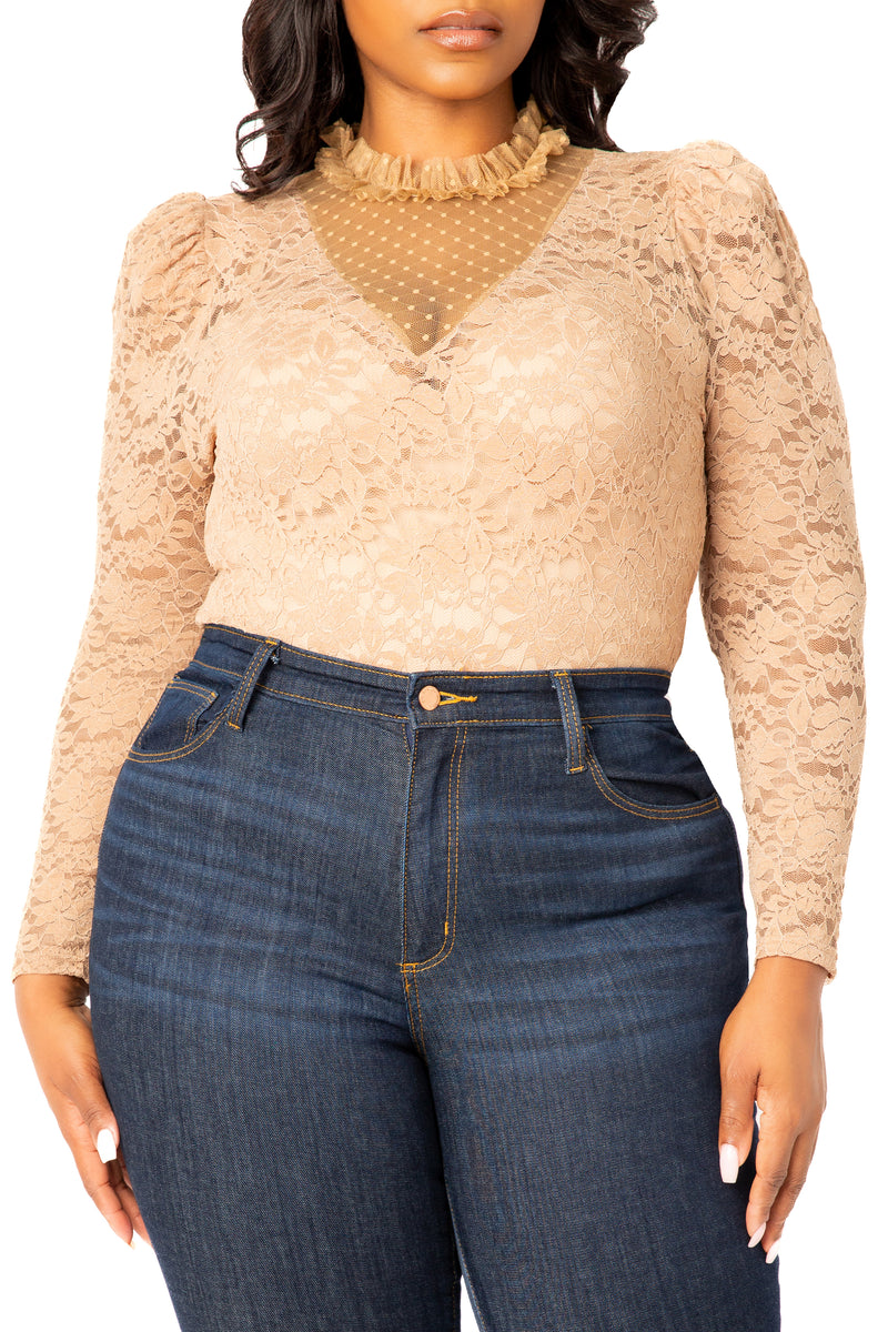 Buxom Couture Curvy Women Plus Size Long Sleeve Lace Bodysuit Khaki Nude Beige