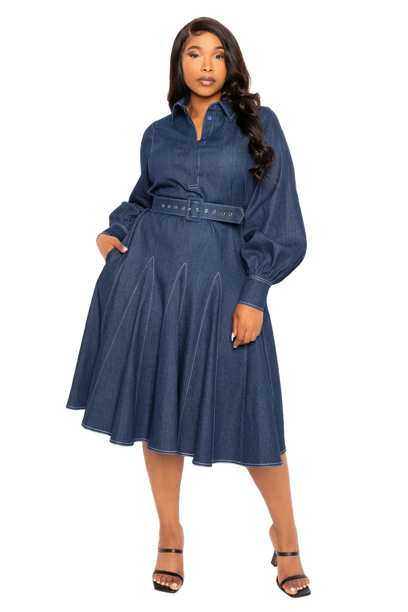 Buxom Couture Curvy Women Plus Size Belt Denim Shirt Dress with Contrast Stitching Dark Denim