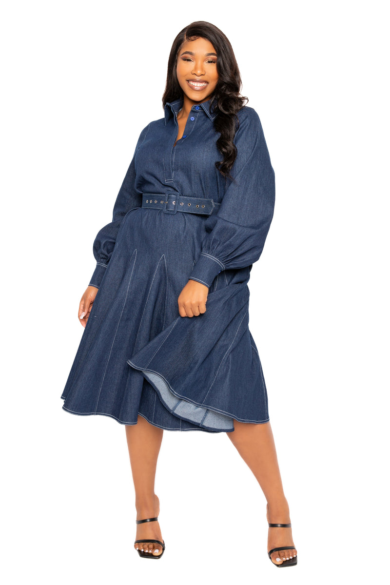 Buxom Couture Curvy Women Plus Size Belt Denim Shirt Dress with Contrast Stitching Dark Denim