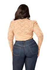 Buxom Couture Curvy Women Plus Size Long Sleeve Lace Bodysuit Khaki Nude Beige