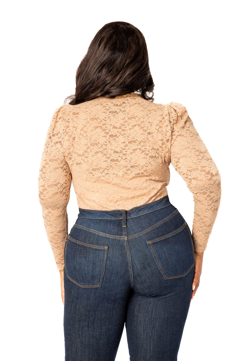 Buxom Couture Curvy Women Plus Size Long Sleeve Lace Bodysuit Khaki Nude Beige