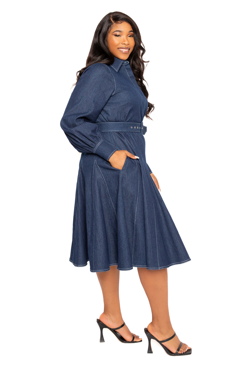 Buxom Couture Curvy Women Plus Size Belt Denim Shirt Dress with Contrast Stitching Dark Denim