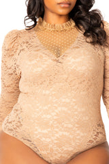 Buxom Couture Curvy Women Plus Size Long Sleeve Lace Bodysuit Khaki Nude Beige