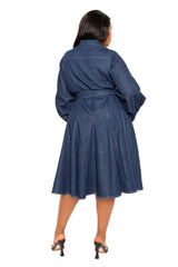 Buxom Couture Curvy Women Plus Size Belt Denim Shirt Dress with Contrast Stitching Dark Denim