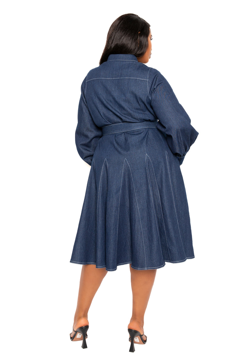 Buxom Couture Curvy Women Plus Size Belt Denim Shirt Dress with Contrast Stitching Dark Denim