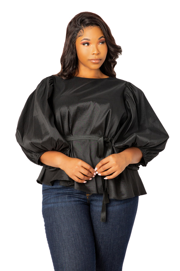 Tie Waist Voluminous Sleeve Blouse