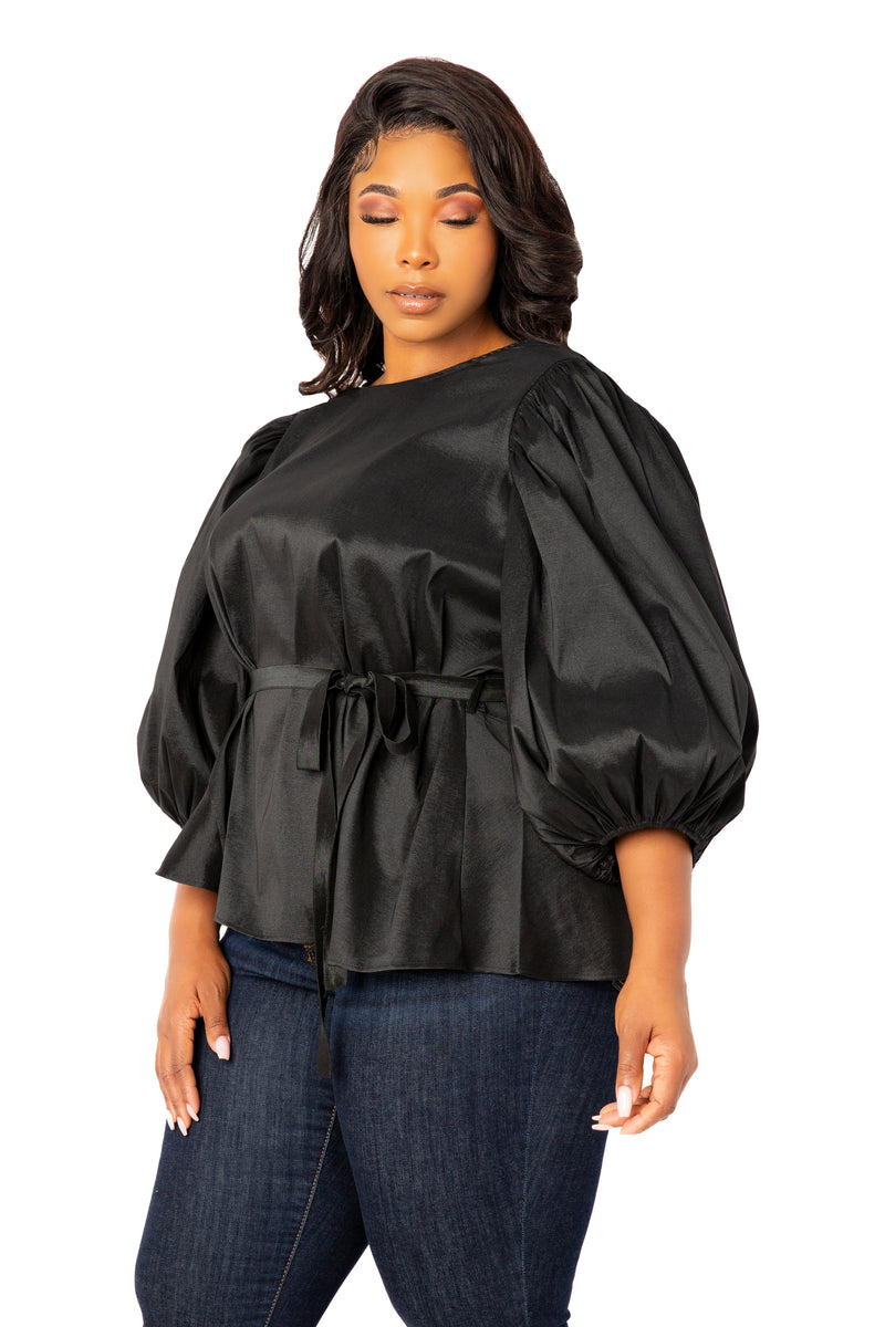 Tie Waist Voluminous Sleeve Blouse