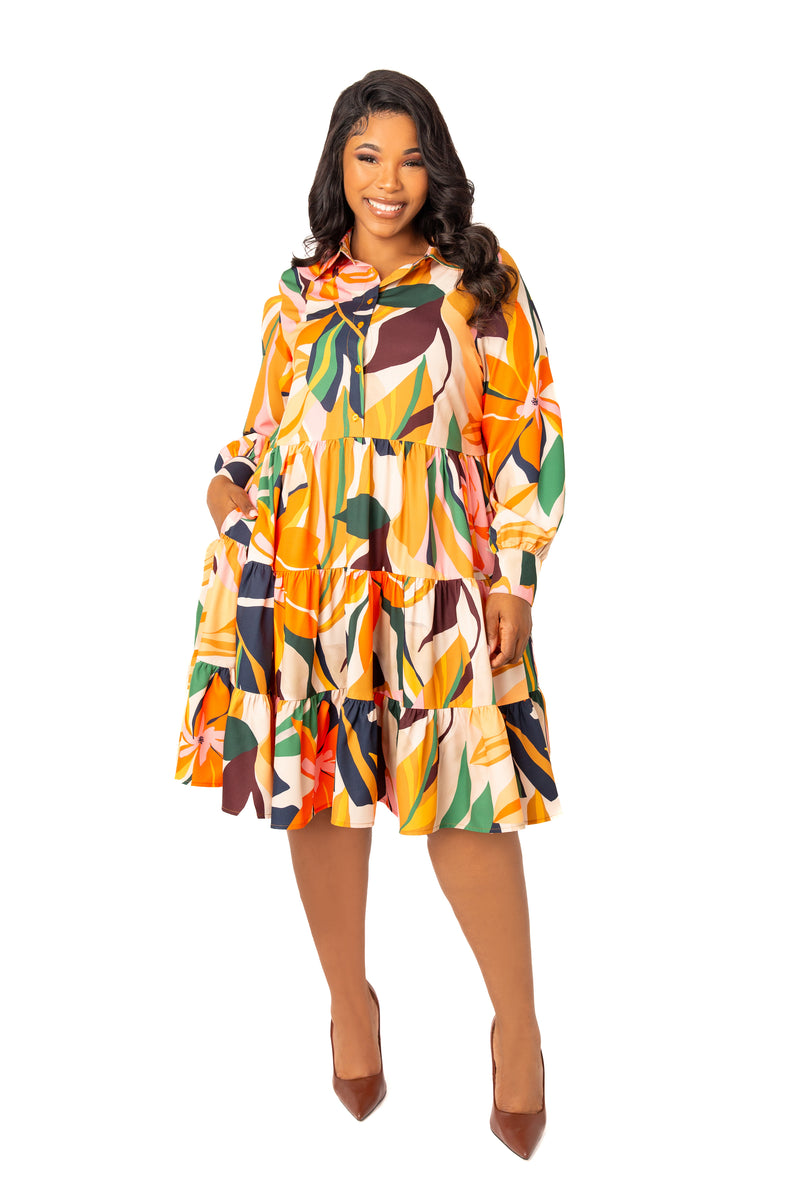 Floral Long Sleeve Tiered Shirt Dress Buxom Couture Floral Long Sleeve Tiered Shirt Dress Buxom Couture