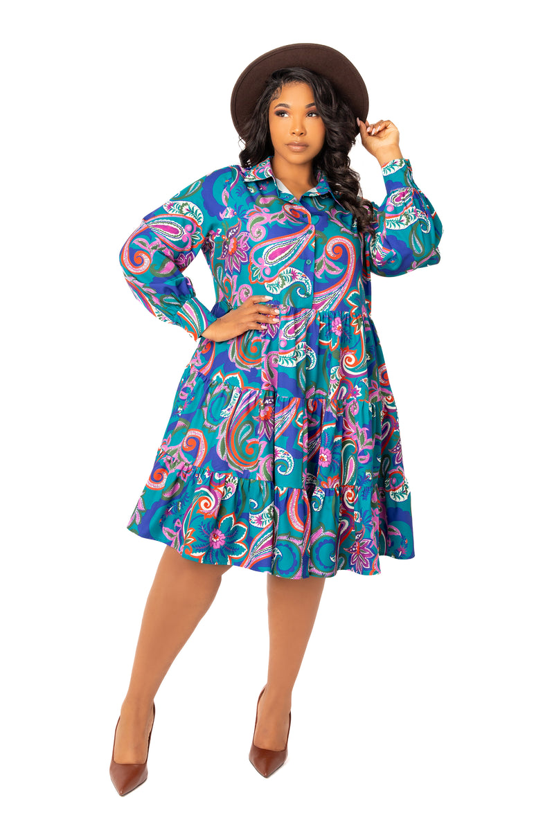 long sleeve plus size shirt dress Buxom Couture Women's Plus Size Lace Long Sleeve Tiered Shirt Dress