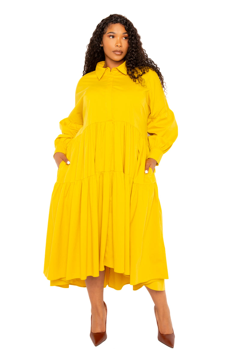 Buxom Couture Curvy Women Plus Size Puff Sleeve Tiered Shirt Dress Mustard Yellow