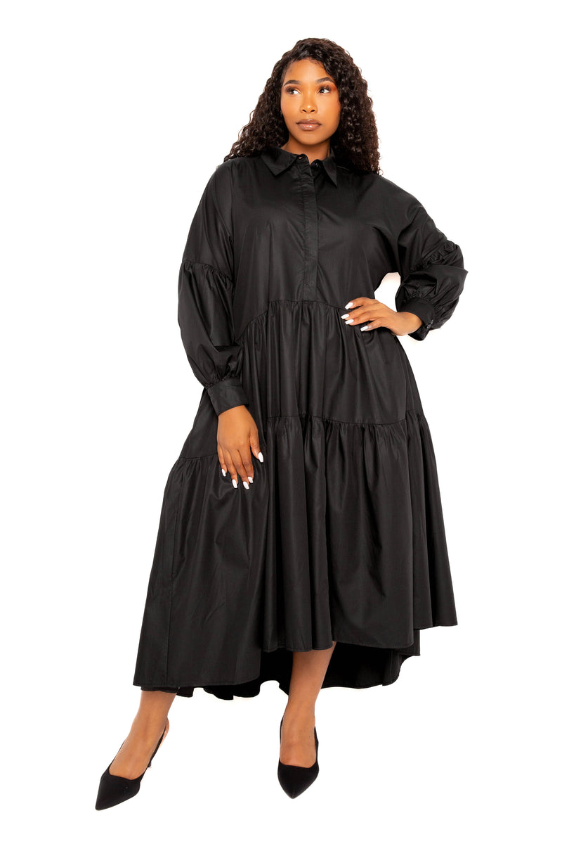 Buxom Couture Curvy Women Plus Size Puff Sleeve Tiered Shirt Dress Black