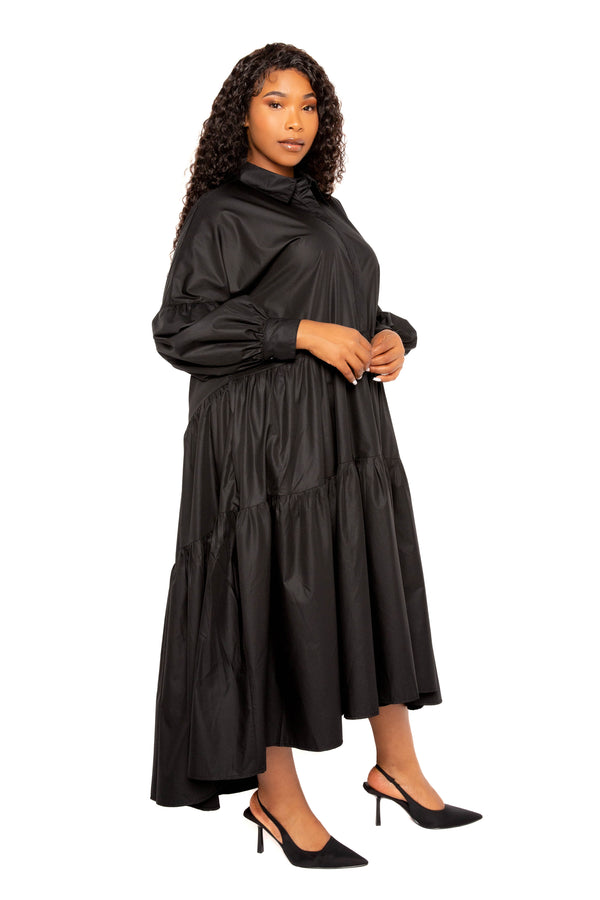 Buxom Couture Curvy Women Plus Size Puff Sleeve Tiered Shirt Dress Black