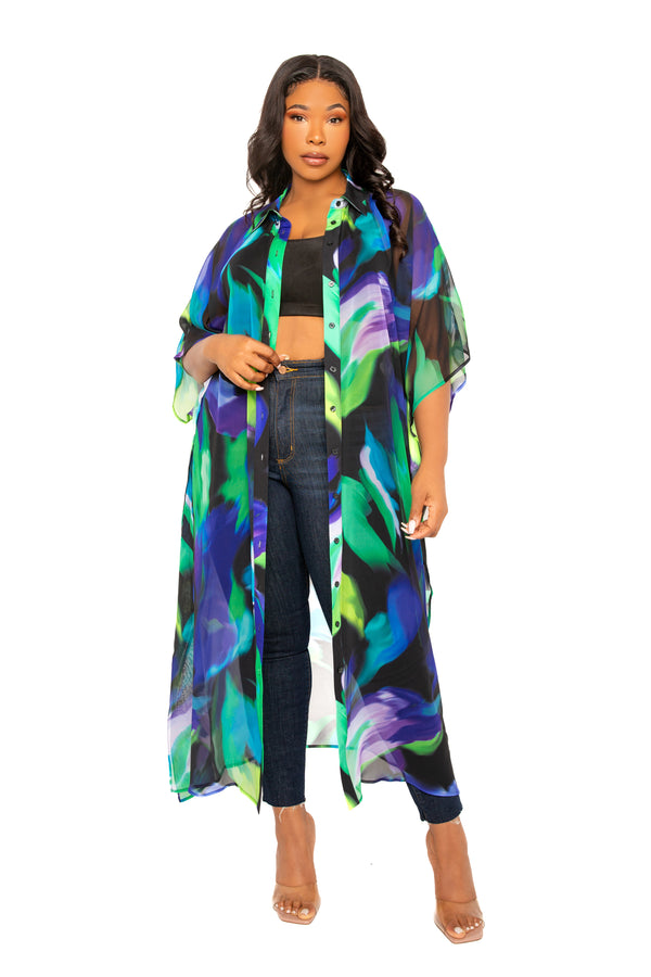 Buxom Couture Curvy Women Plus Size Print Shirtdress Coverup Blue Multi