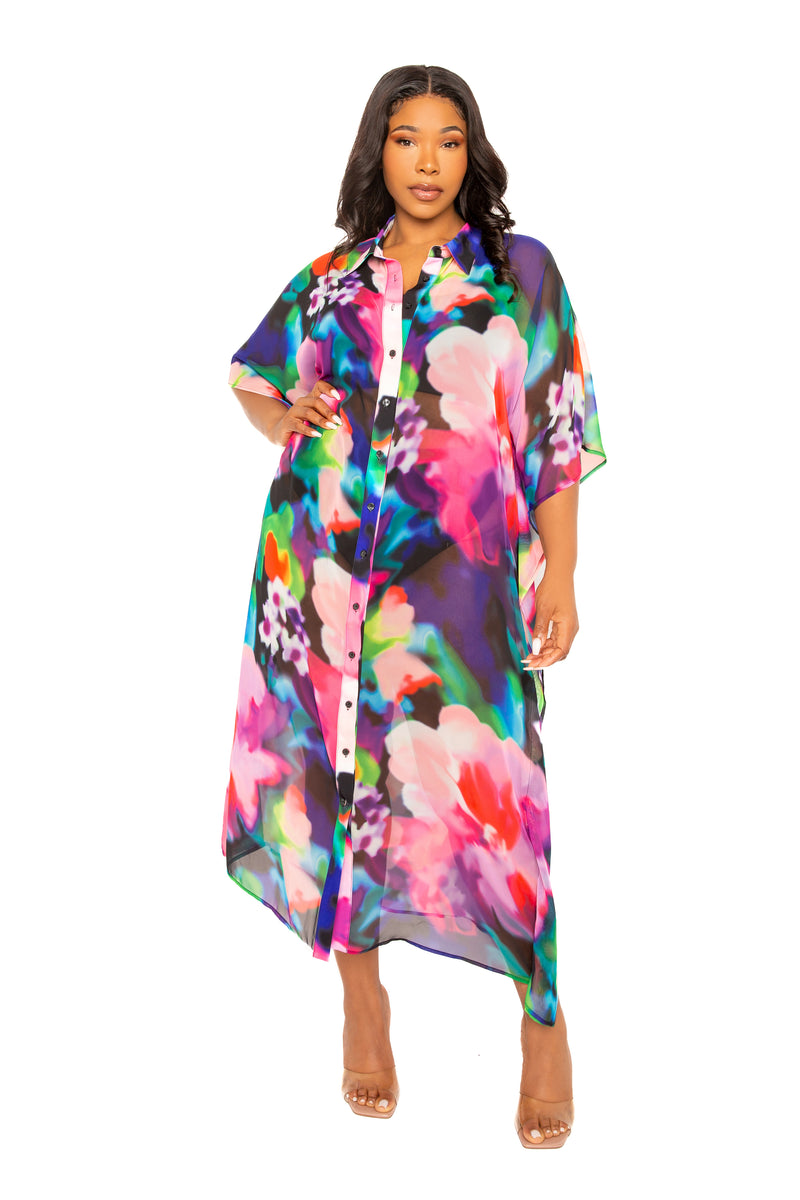Buxom Couture Curvy Women Plus Size Print Shirtdress Coverup Pink Multi