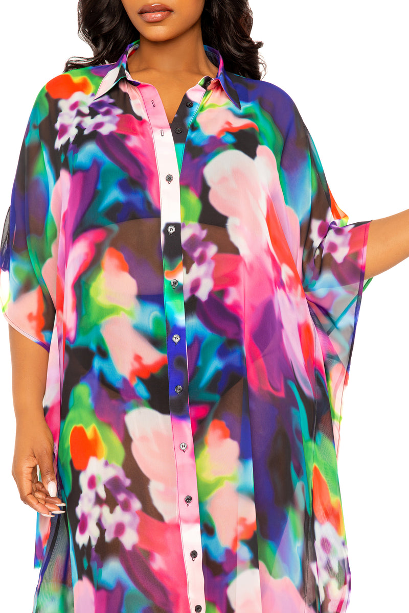 Buxom Couture Curvy Women Plus Size Print Shirtdress Coverup Pink Multi