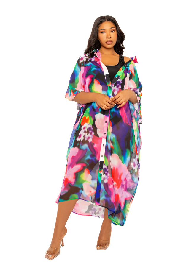 Buxom Couture Curvy Women Plus Size Print Shirtdress Coverup Pink Multi