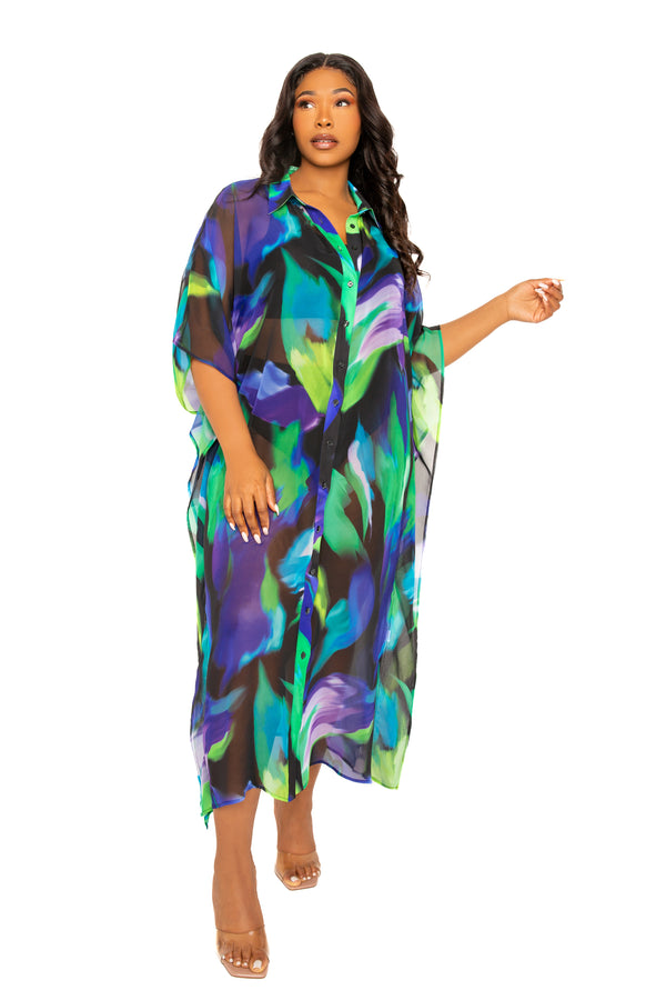 Buxom Couture Curvy Women Plus Size Print Shirtdress Coverup Blue Multi