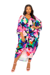 Buxom Couture Curvy Women Plus Size Printed Cinch Waist Kaftan Dress Pink Multi