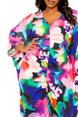 Buxom Couture Curvy Women Plus Size Printed Cinch Waist Kaftan Dress Pink Multi